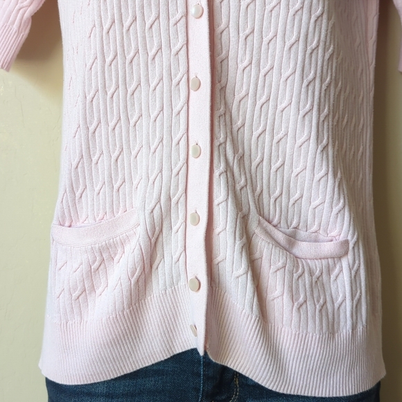 Talbot's MP Pastel Pink Sweater Cable Knit Button Up Short Sleeve - Picture 5 of 7